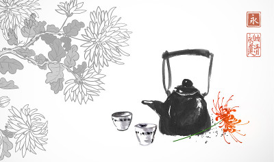 传统的亚洲茶道。茶壶、杯子和菊花。传统的日本水墨画。象形文字-和平，宁静，清澈，茶