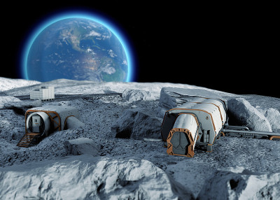 月球基地，空间前哨。第一个在月球上定居的人。太空任务。居住模块征服空间