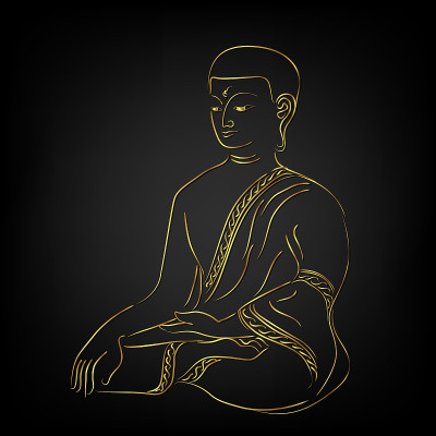 金佛线条素描与金色边框元素隔离在黑色上