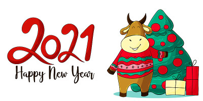 2021年新年快乐儿童插图。中国新年2021年是牛年