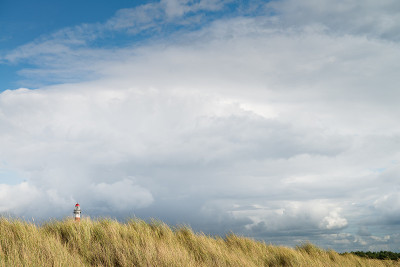 灯塔Bornrif Ameland，海洋景观，清澈的蓝色多云的天空在沙丘，高沙丘草，明信片，背景，荷