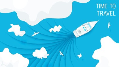 蓝色的大海和晴朗的天空与游艇顶视图。纸艺术设计。向量模板