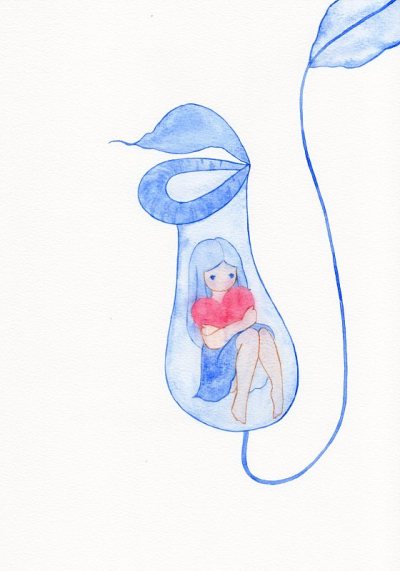 女孩拿着红色的心，坐在猪笼草罐里。水彩插图。实际尺寸约30x21厘米。(A4纸)