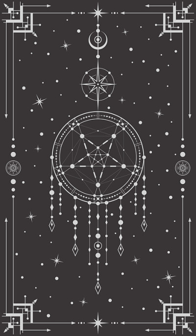 向量神秘的天体背景与捕梦网，五角星和线性框架。带有波西米亚风格神秘轮廓符号的黑色海报。在一个圆里有一