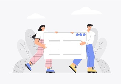 UI UX的设计理念是创建一个应用程序和团队合作。两个人按住应用程序窗口。平面现代风格矢量插图。
