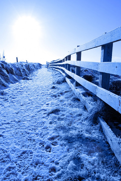 被雪覆盖的小路上有悬崖围栏
