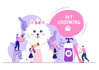 宠物美容的狗和猫在平面卡通手绘背景插图。用于美容院海报或横幅的主要工具