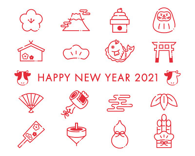一套不同的图标和插图的日本新年贺卡
