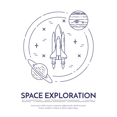 太空旅行线路横幅。行星，宇宙飞船，ufo，卫星，望远镜和其他宇宙象形图的集合元素。