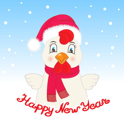贺卡上有一只戴着圣诞老人帽子和围巾的公鸡。上面写着新年快乐