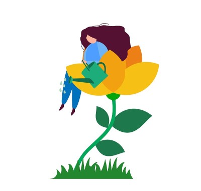 女孩坐在一朵花里给它浇水。自我关爱和关爱理念。矢量图