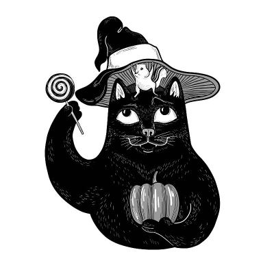 向量有趣的黑猫与花栗鼠，南瓜和棒棒糖