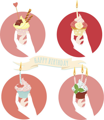 矢量插图手握节日生日蛋糕集