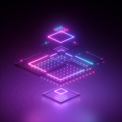 3d渲染，霓虹抽象背景，紫外几何形状，虚拟蓝图，粉蓝紫发光，故障效应，控制系统，未来计算技术