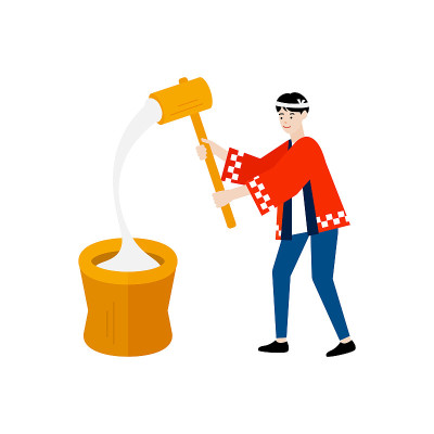 man pounding rice cake in a mortar with a mallet