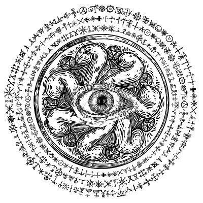 算命先生或女巫魔法符号符咒与所有的眼睛。神秘和神秘的符号。手相的精神性概念、占星术和深奥概念。魔术黑