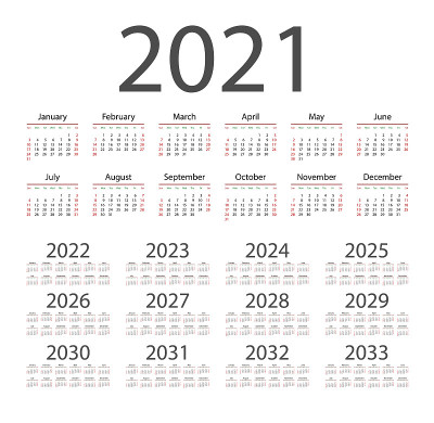 English calendar for years 2021-2033, week starts 