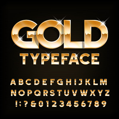Gold alphabet typeface. Beveled shiny letters and 