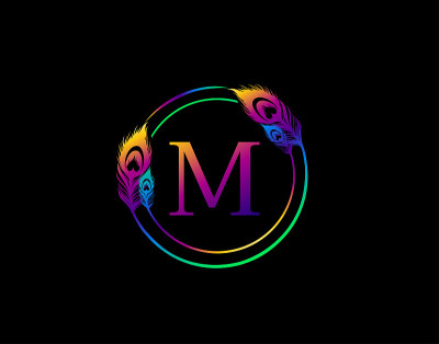 圆孔雀羽毛徽章M字母图标设计。