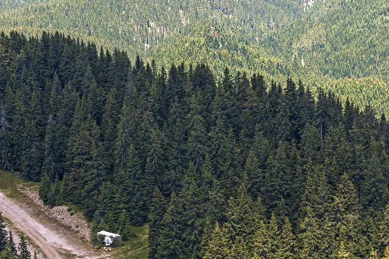 保加利亚斯莫连地区潘波罗沃附近度假胜地的Snezhanka塔附近的Rhodope山