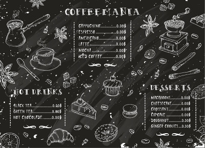 Coffeemania。咖啡餐厅宣传册矢量，咖啡店菜单设计。