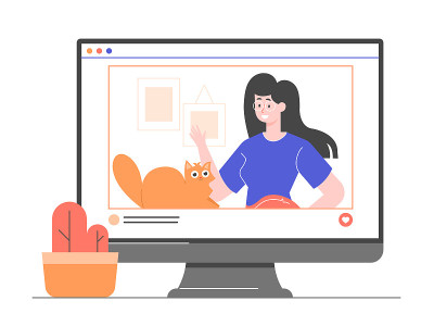 Girl character and her cat on the monitor screen. 