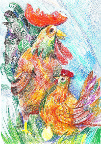 复活节插图公鸡，鸡和蛋。画蜡笔