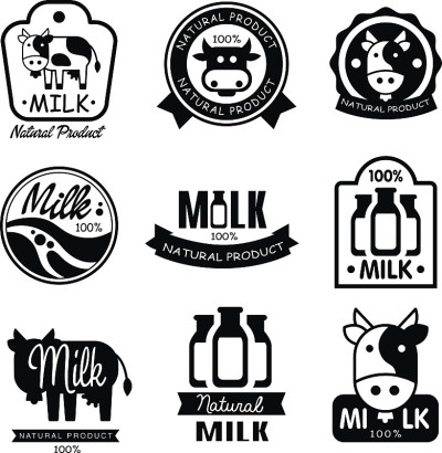 牛奶和乳制品单色标签。矢量插图设置为平面