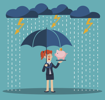 商业女人与伞站在雷雨保护储蓄罐
