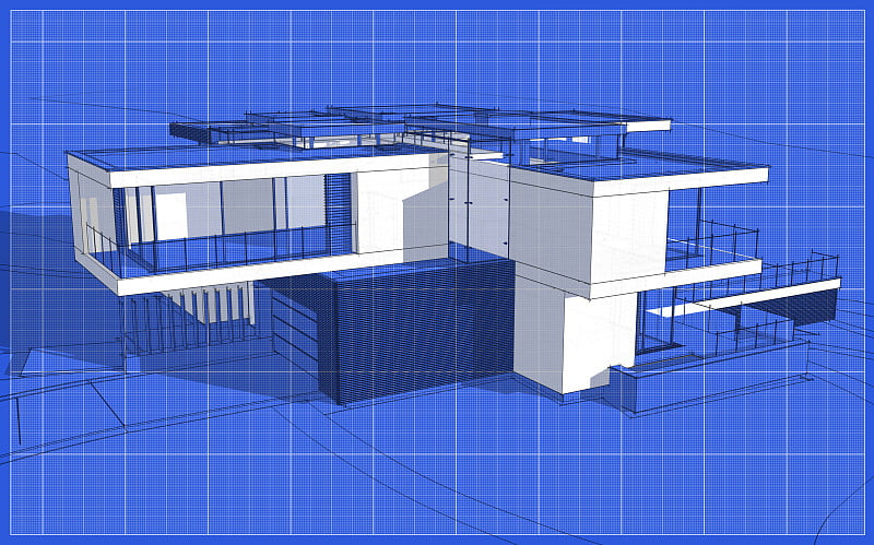 现代舒适住宅的三维效果图。图纸背景上有白点的黑线草图。