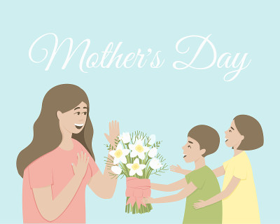 Children give mom a bouquet of daffodils