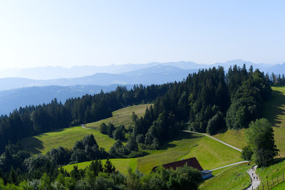 一个阳光明媚的夏日，从当地的山脉Pfänder看到美丽的广角风景山景。