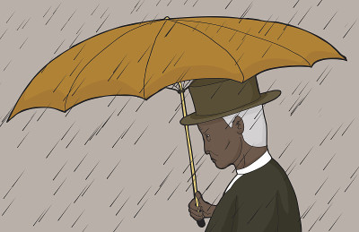 在暴风雨中撑伞的男人