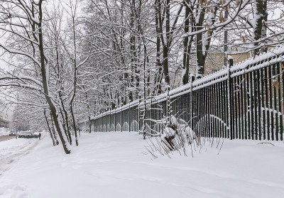 公园的桥栅栏上有雪