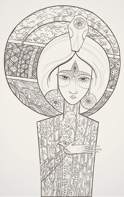 自然之母的女神的矢量等高线插图