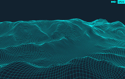 抽象矢量景观背景。网络空间网格。3 d技术说明。