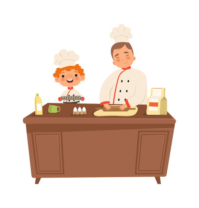 男孩厨师。可爱的小孩和在厨房做饭的男人。穿着制服的孩子制作食物矢量插图