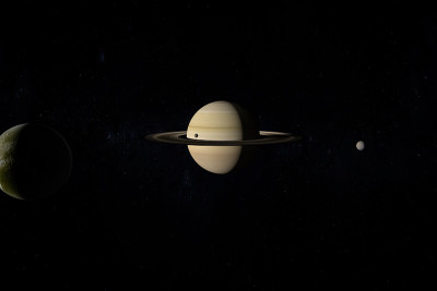 土卫四，土卫二和土卫一围绕土星行星运行。三维渲染