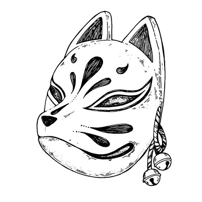 Kitsune面具草图手绘矢量插图。传统的日本魔鬼。纹身打印。手绘插图的t恤打印，织物和其他用途。