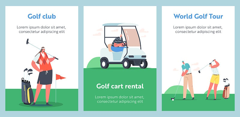 印有穿着运动服的男女高尔夫球手手持球杆的卡通海报。高尔夫球车租赁，世界巡迴