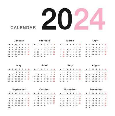 多彩的2024年日历水平矢量设计模板，简洁干净的设计。2024年白色背景日历，用于组织和业务。星期从