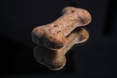 狗的零食与反射在闪亮的黑色背景