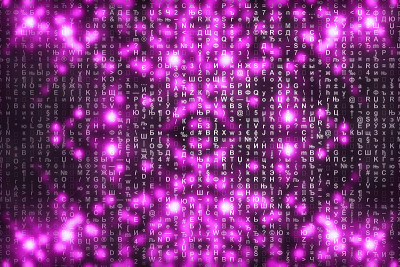 粉色矩阵数字背景。抽象的网络空间的概念。人物倒了。来自符号流的矩阵。虚拟现实设计。复杂的算法数据黑客