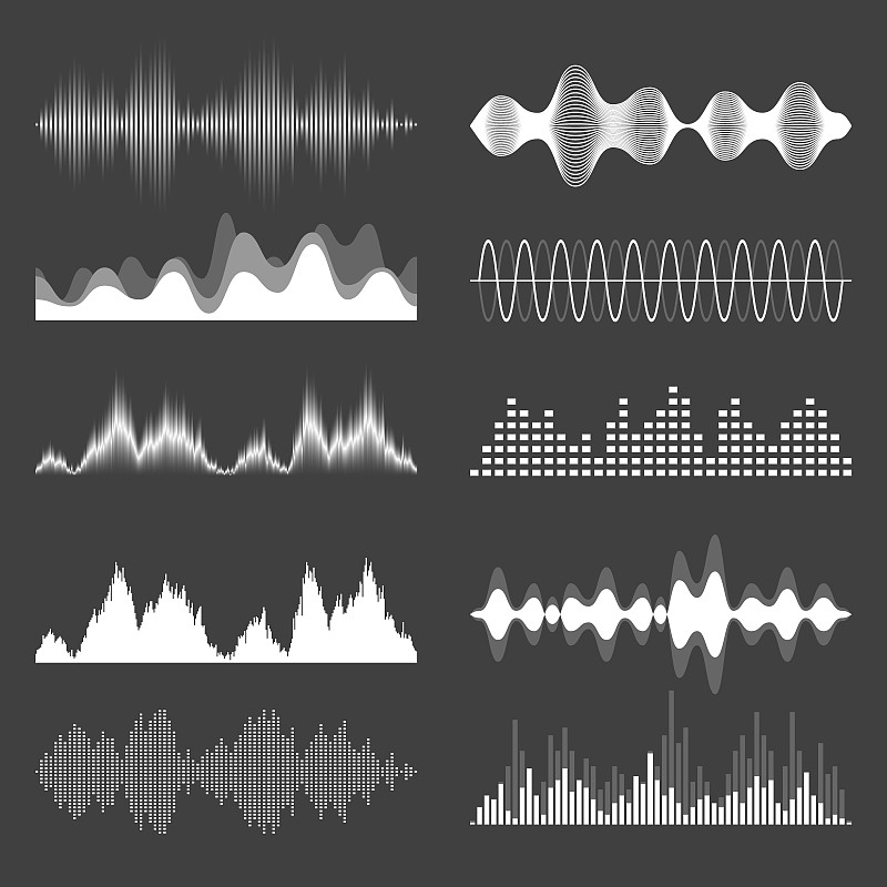 声波集合。模拟和数字音频信号。音乐均衡器。干扰录音。高频无线电波。矢量图