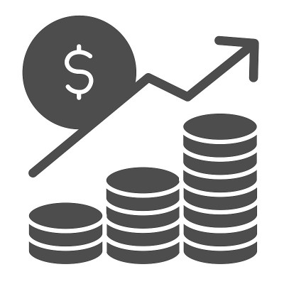 金钱利润分析坚实的图标。生长图箭头，硬币和美元符号，象形文字风格的象形文字在白色的背景。商业标志的移