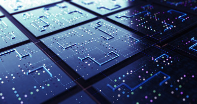 CPU电路技术背景。数据流信号。人工智能。3D渲染