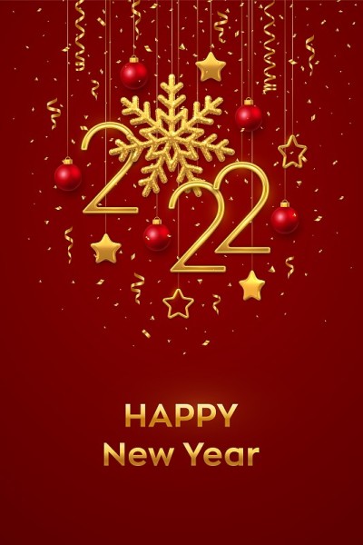新年快乐。悬挂金色金属数字2021与闪亮的雪花和五彩纸屑在红色背景。新年贺卡或横幅模板。节日装饰。矢
