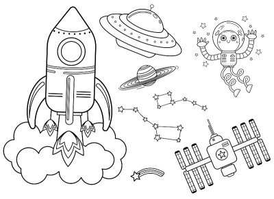 Funny coloring kids space transport set. Spaceship