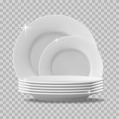 Realistic plates stack. Clean dishes, stacked kitc