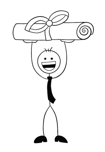 Stickman商人角色兴奋文凭或证书，矢量卡通插图
